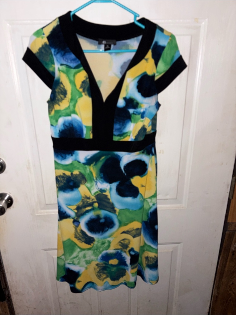 AB Studio Black-Trim Floral V-Neck Dress in Blue, Yellow & Green